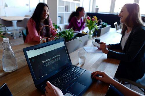 People in a long desk with small plants in the middle